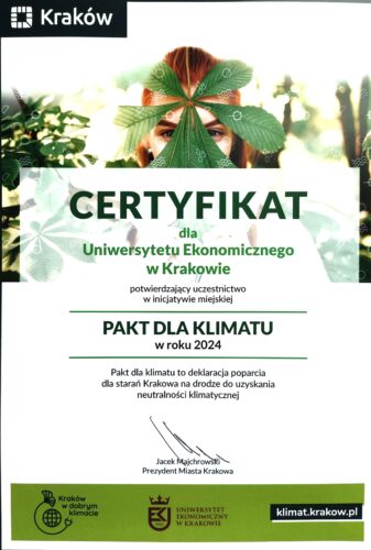 Certyfikat „Pakt dla Klimatu” w roku 2024 dla Uniwersytetu Ekonomicznego w Krakowie