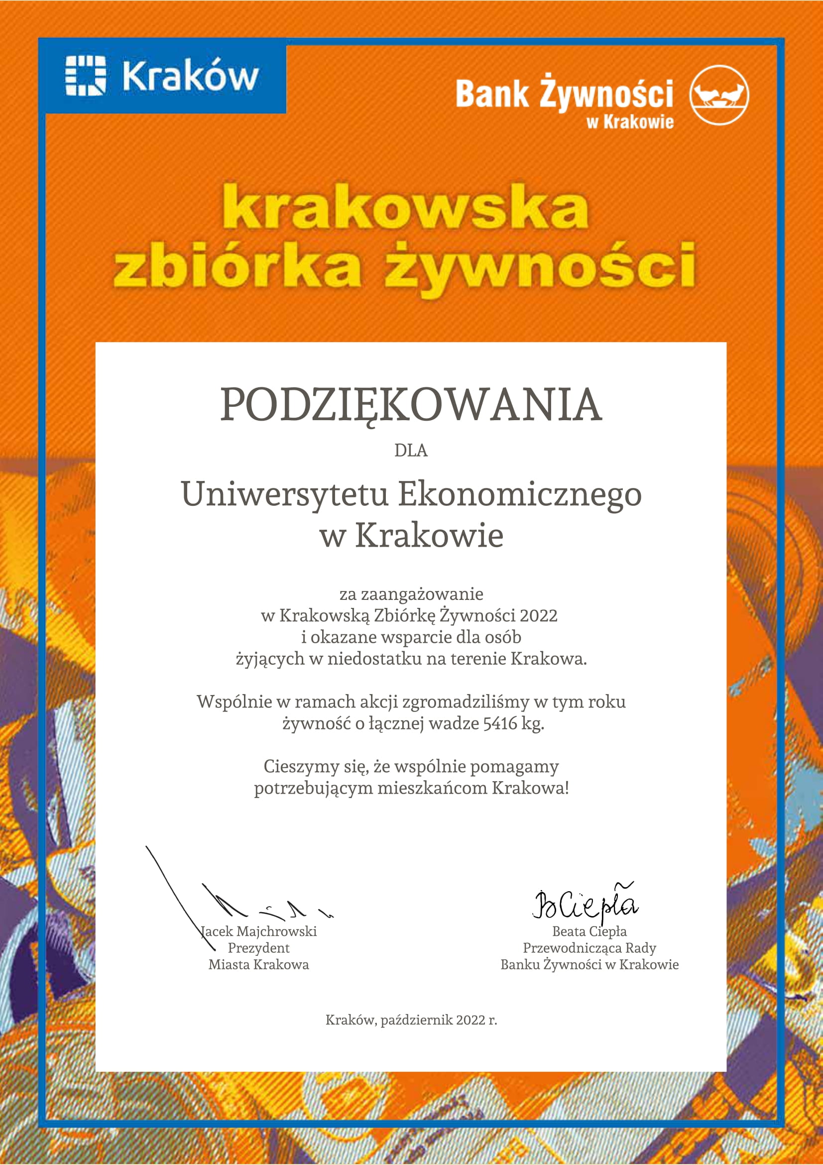 Podziękowania dla Uniwersytetu Ekonomicznego w Krakowie